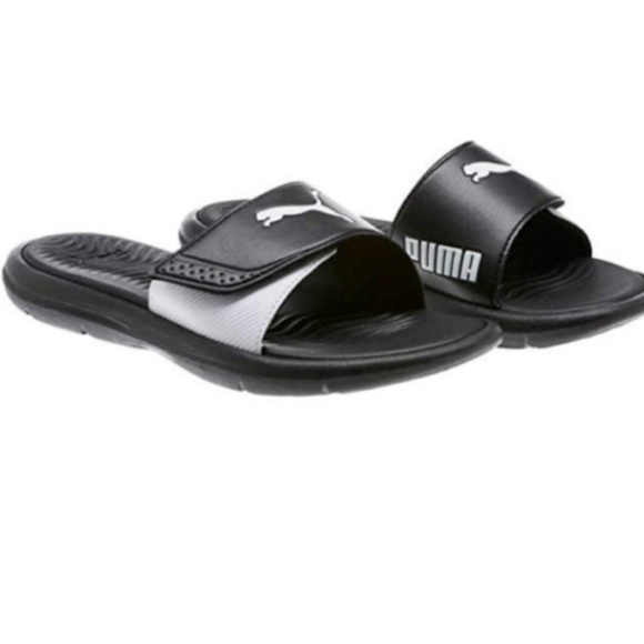 puma black and white slides